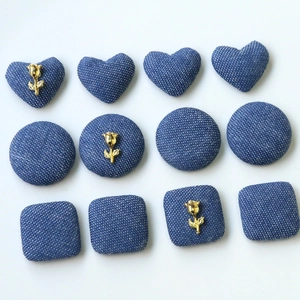 Blue denim fabric heart and round button patches with golden rose metal accents set