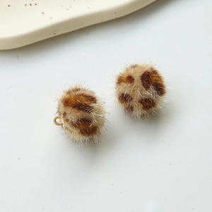 Fuzzy leopard print plush pompom charms with gold metal rings for DIY jewelry making