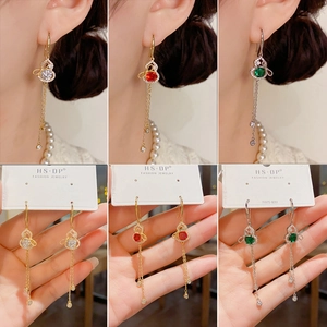 Exquisite Copper Gourd Tassel Drop Earrings With 925 Sterling Silver Earring Post Shiny Rhinestone Long Earrings For Women