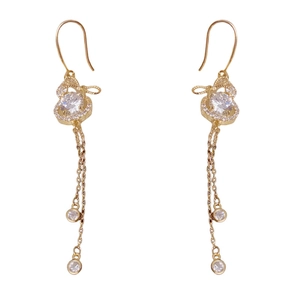 Elegant gold bow earrings with crystal tassels and micro-pave stones for women