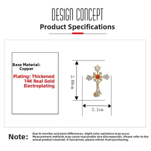 Detail showing dimensions of cross brooch with 14K gold plating and inlaid gemstones
