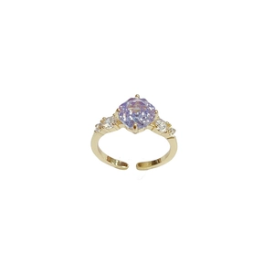 Elegant adjustable gold ring featuring a large round purple zircon and pave side stones
