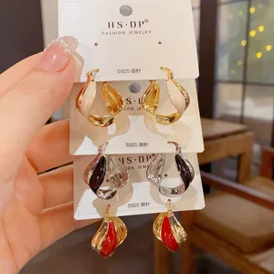 Fashion Twisted Geometric Copper Hoop Earrings With 925 Sterling Silver Earring Post Enamel Dripping Design Women Jewelry