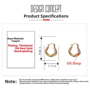 Detail of twisted 14K gold plated earrings with white enamel finish and size dimensions