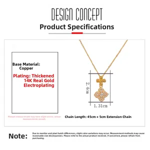 Detail of 14K gold plated four-leaf flower pendant with zircon and sizing measurements
