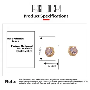 Détail de boucles d'oreilles plaquées or 14K avec zircon violet et cristaux blancs