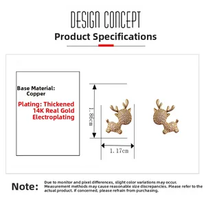 Detailed dimensions of 14K gold plated reindeer stud earrings with sparkling crystals