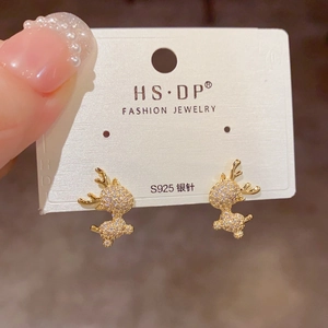 Elegant gold plated S925 silver deer stud earrings with sparkling pave zircon stones