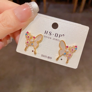 Exquisite gold butterfly earrings with shell inlay, colorful crystals and S925 silver needles