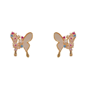 Exquisite butterfly stud earrings with shell inlay and colorful crystals on gold metal
