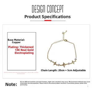 Detail showing 14K gold plated adjustable chain bracelet with star charms and zircon