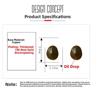 Detail view of olive green enamel earrings with 14K gold plating and irregular shape