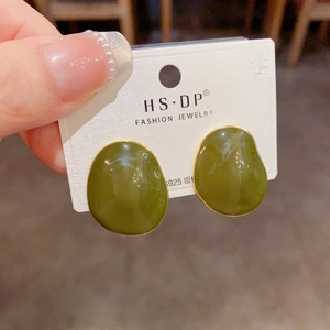 Olive green irregular bean earrings with gold trim and S925 silver needles