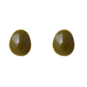 Irregular oval stud earrings in dark olive green enamel with gold metal trim