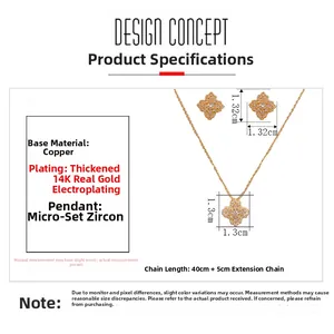 Détails de l'ensemble bijoux trèfle plaqué or 14K avec collier et boucles d'oreilles zircon