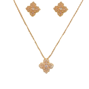 Parure de bijoux trèfle doré avec collier en zircon étincelant et boucles d'oreilles