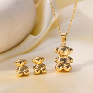 Teddy Bear Pendant Necklace And Stud Earrings Stainless Steel Polished Gold Plated Cute Animal Design For Women Girls