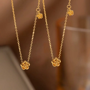 Elegant Stainless Steel 3D Rose Flower Jewelry Set For Women Gold Silver Camellia Pendant Necklace Bracelet Earrings Adjustable Ring