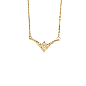 Laurel wreath V-shape gold necklace with central square zircon and pavé crystals