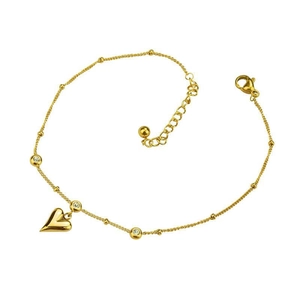 18K gold heart anklet with zircon crystals and adjustable chain on white background