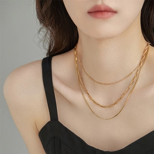 18K Gold Plated Titanium Steel Triple Layered Necklace Chic Box Paperclip Chain Layering Choker For Women Vintage Jewelry