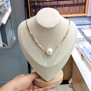 18K gold plated double layer snake chain necklace with a white baroque pearl pendant