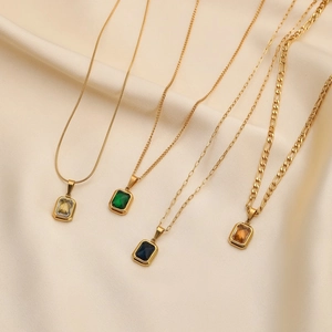 Vintage 18K Gold Plated Titanium Steel Necklace Rectangular Zirconia Gemstone Pendant Necklace Figaro Paperclip Chain