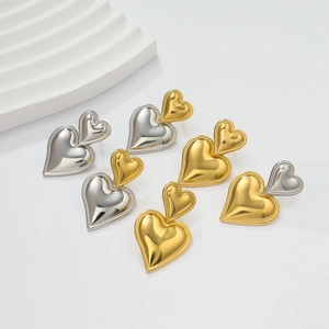 Pendientes de Botón con Colgante de Doble Corazón de Acero Inoxidable Oro Plata Galvanizado Pendientes de Mujer Joyería
