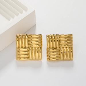 Golden square stud earrings in stainless steel with textured woven pattern for women