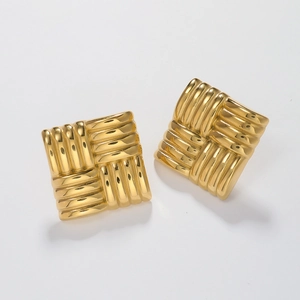 Golden square earrings with woven textured surface and minimalist geometric design