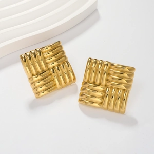 Oversized Stainless Steel Square Stud Earrings For Women Woven Textured Geometric Metallic Design Individual Jewelry Gift