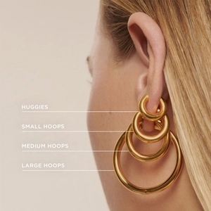 Gros plan de boucles d'oreilles créoles plaquées or 18K en quatre tailles sur un mannequin