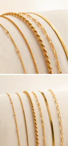 Macro display of six 18K gold Figaro, Box, Rope, and Herringbone chain textures