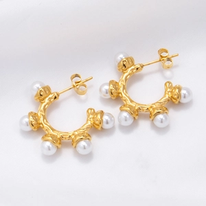18K Vergoldet Edelstahl Creolen Ohrstecker Mit Imitationsperlen Vintage Gehämmerte Textur Schmuck Für Damen Geschenk