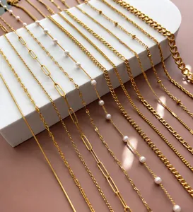 Close-up of 18K gold plated stainless steel Figaro, snake, and paperclip chain textures