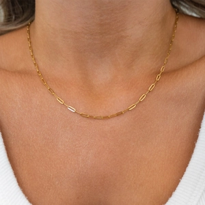 Detalle de un collar de cadena de clip bañado en oro de 18K llevado por una modelo