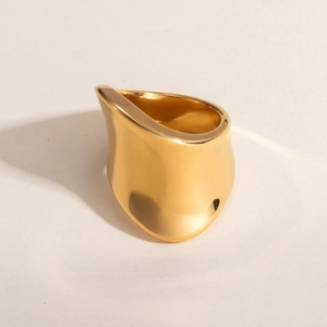 Irregular 18K gold plated stainless steel wave ring with a modern minimalist mirror finish