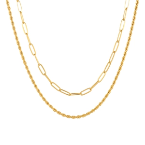 Collar de doble capa de acero inoxidable chapado en oro de 18K con cadena de clip y cuerda