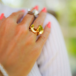 Detail of 18k gold plated stainless steel ring with abstract S-shape fluid design