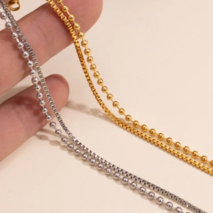 Zweilagige 18K Gold und Silber Perlen- und Box-Ketten Halsketten für elegantes Styling