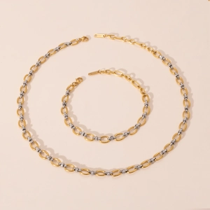 Two-tone gold and silver stainless steel necklace and bracelet set with K18 engraving