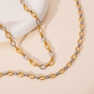 Detailed close-up of mixed gold and silver stainless steel chain necklace with textured links