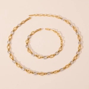 Macro shot of K18 engraved clasp on two-tone stainless steel chain set for women