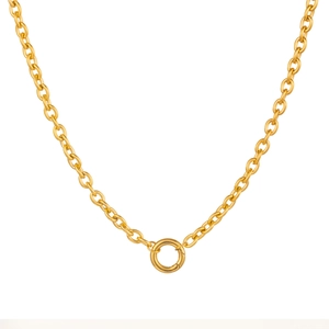 Close-up of gold-plated stainless steel O-chain necklace with a round spring clasp detail