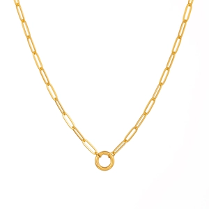 Detailed view of 18K gold plated paperclip chain necklace with a round spring clasp link