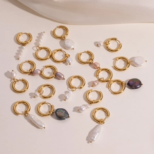 Elegant 18K gold plated stainless steel hoop earrings with assorted pearl pendants
