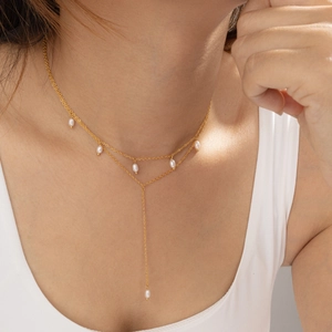 18K Vergoldet Edelstahl Süßwasserperle Y-Form Anhänger Halskette Für Damen Retro Elegante Schmuck Geschenk