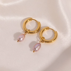 Elegant 18K gold plated hoop earrings featuring natural lavender baroque pearl pendants