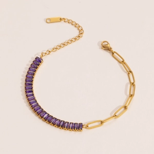 18k gold plated stainless steel paperclip bracelet with rectangular purple zircon stones