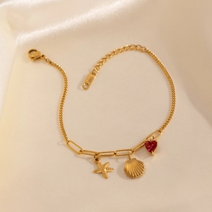 18k gold plated stainless steel bracelet with starfish shell and red heart gemstone